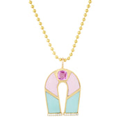 14K Yellow Gold Pink Sapphire, Chrysoprase and Pink Opal Inlay Horseshoe Necklace