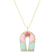 14K Yellow Gold Pink Tourmaline, Pink Opal and Chrysoprase Horseshoe Necklace