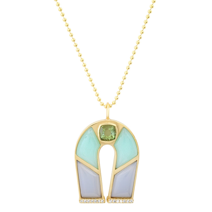 14K Yellow Gold Green Tourmaline, Chrysoprase and Lavender Opal Horseshoe Necklace