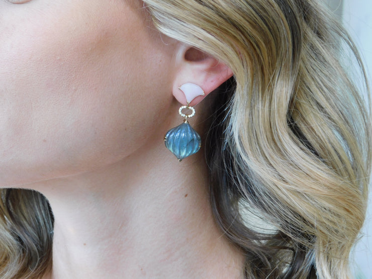 18K YG Carved Labradorite and Pink Opal Diamond Earrings