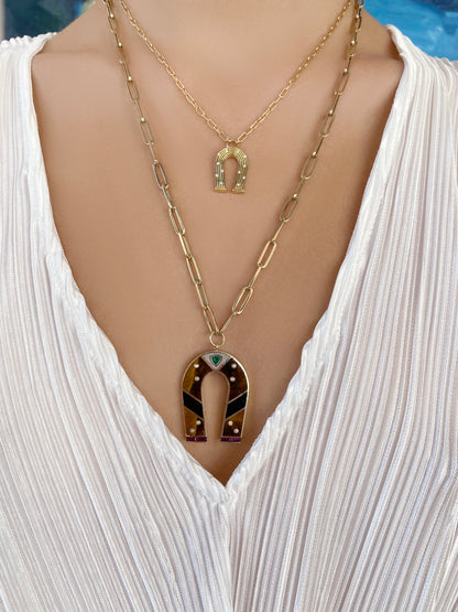 14K Yellow Gold Tiger's Eye and Onyx Horseshoe Necklace