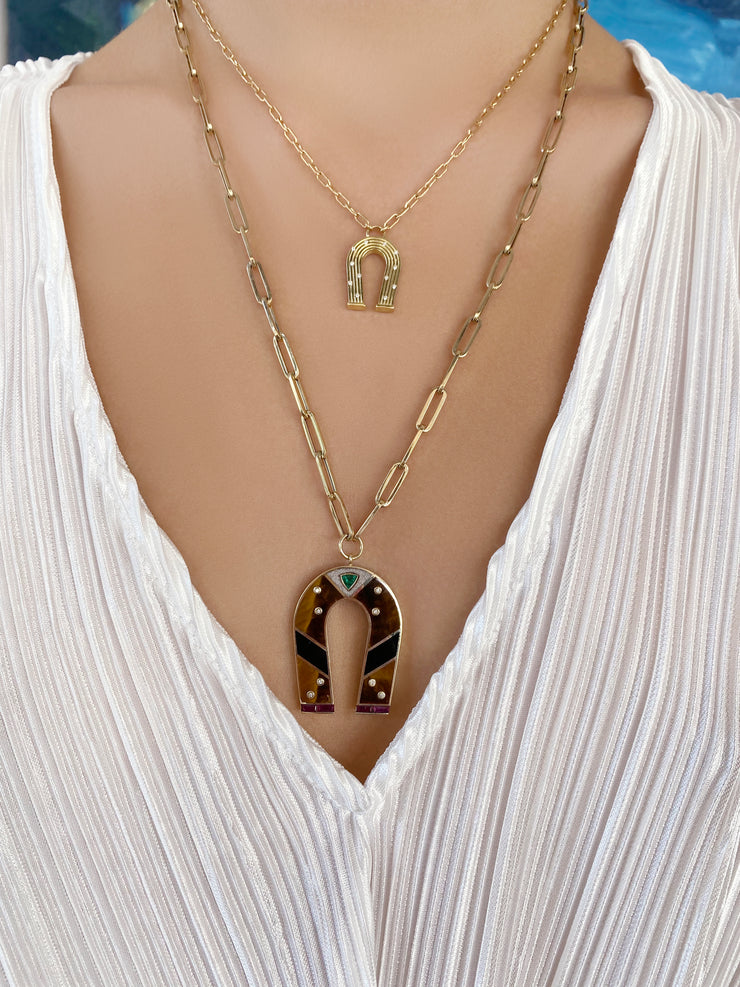 14K Yellow Gold Tiger's Eye and Onyx Horseshoe Necklace