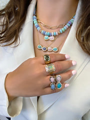 14K YG Pink Opal and Amazonite Diamond Infinity Necklace