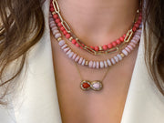 14K YG Pink Opal and Coral Diamond Infinity Necklace