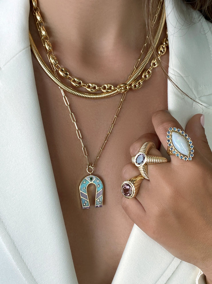 14K Yellow Gold Mini Opal and Pink Opal Horseshoe Necklace