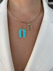 14K Yellow Gold Aquamarine and Turquoise Inlay Horseshoe Necklace