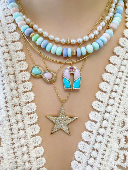 14K YG Pink Opal and Chrysoprase diamond Infinity necklace