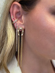 14K Yellow Gold Reeded Gold Pearl and Diamond Tassel Horseshoe Earrings