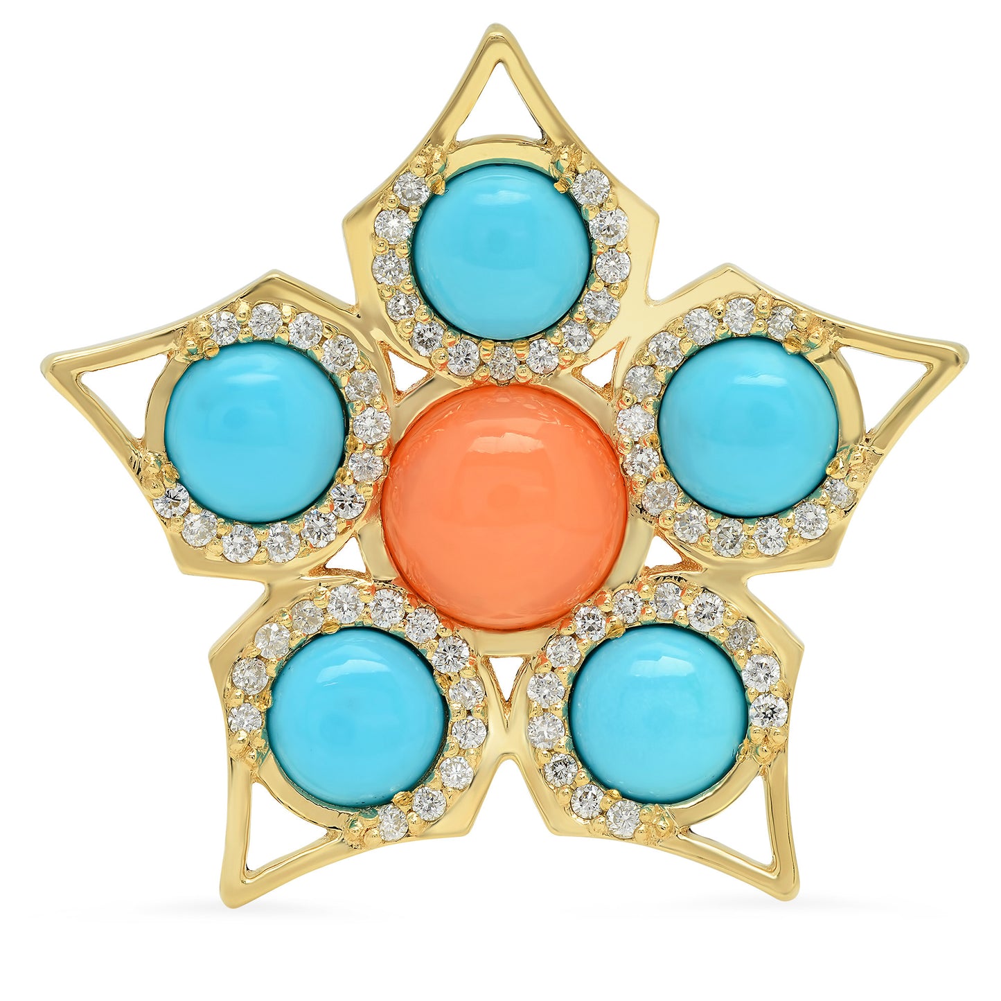 Sig Ward Jewelry 14K yellow gold coral and turquoise diamond ring featuring vibrant natural gemstones and sparkling diamond accents.