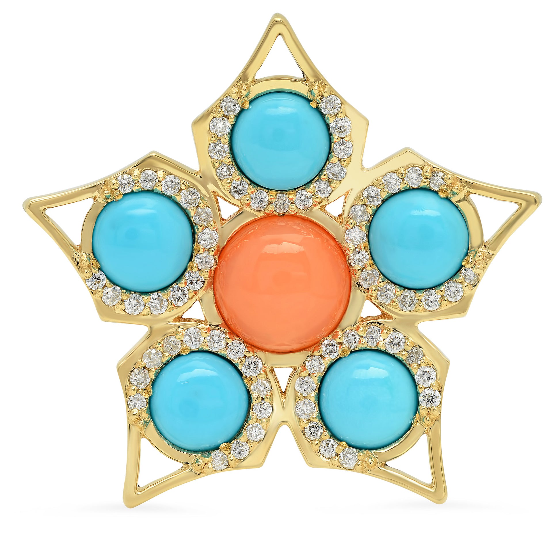 Sig Ward Jewelry 14K yellow gold coral and turquoise diamond ring featuring vibrant natural gemstones and sparkling diamond accents.