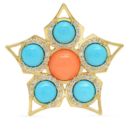 Sig Ward Jewelry 14K yellow gold coral and turquoise diamond ring featuring vibrant natural gemstones and sparkling diamond accents.