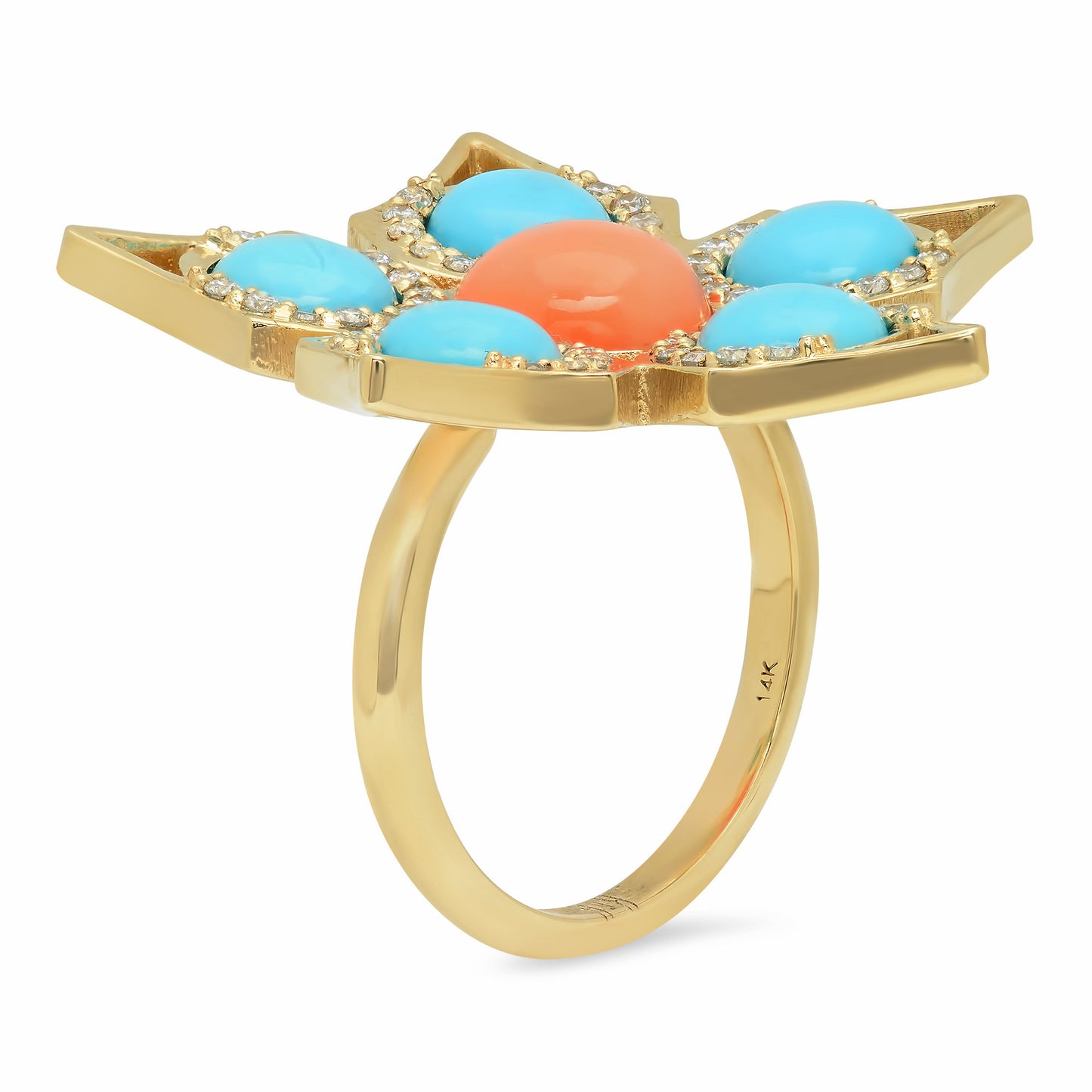 Sig Ward Jewelry 14K yellow gold coral and turquoise diamond ring featuring vibrant natural gemstones and sparkling diamond accents.