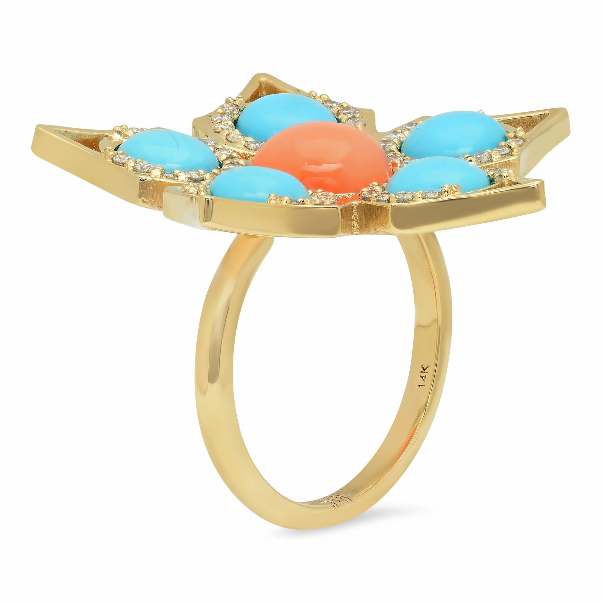 Sig Ward Jewelry 14K yellow gold coral and turquoise diamond ring featuring vibrant natural gemstones and sparkling diamond accents.