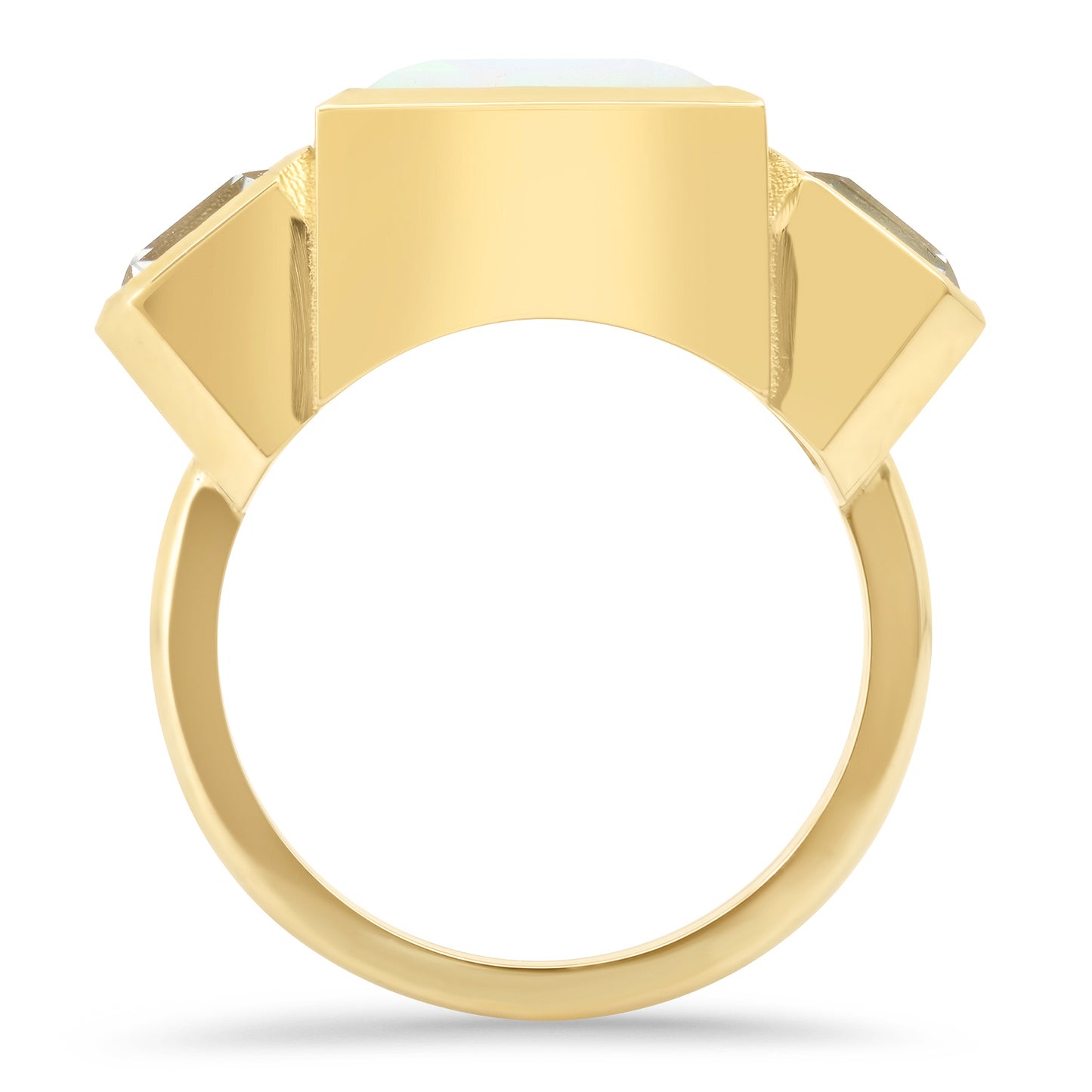 14K Yellow Gold Trilogy Ring Featuring Ethiopian Opal And Green Amethyst By Sig Ward Jewelry.