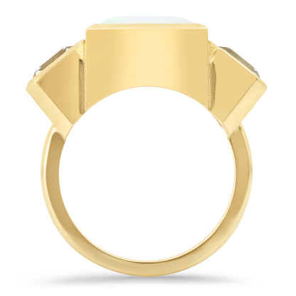 14K Yellow Gold Trilogy Ring Featuring Ethiopian Opal And Green Amethyst By Sig Ward Jewelry.
