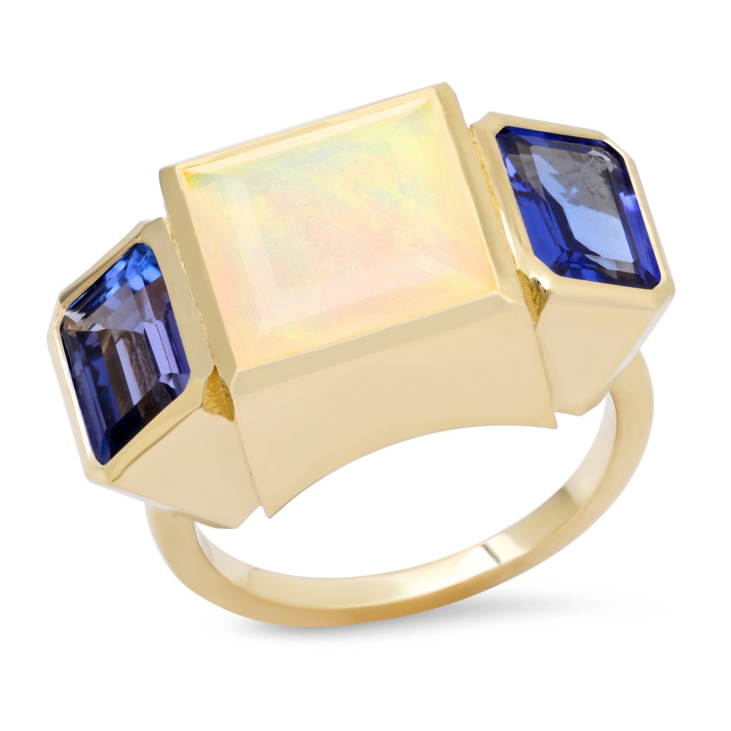 Sig Ward Jewelry 14K YG Ethiopian Opal and Tanzanite Trilogy Ring