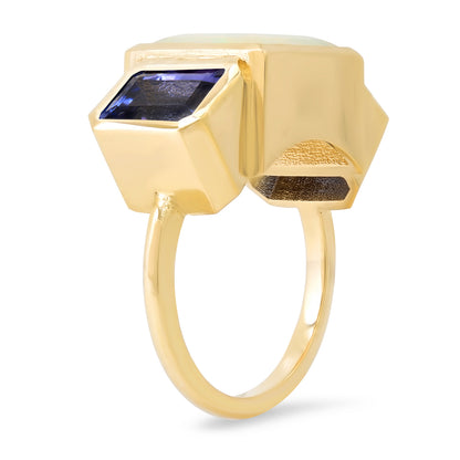 Sig Ward Jewelry 14K YG Ethiopian Opal and Tanzanite Trilogy Ring