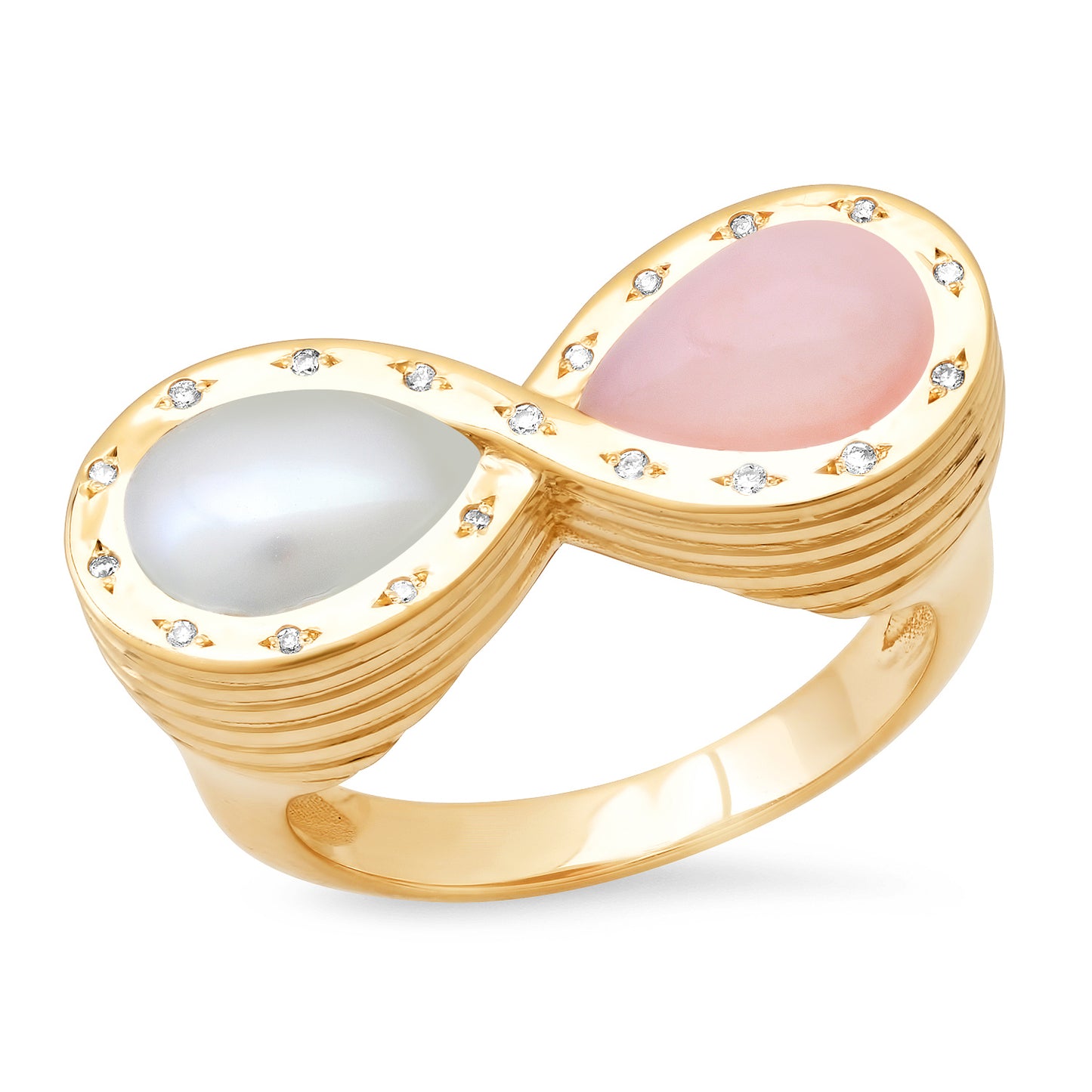 14K Yellow Gold Infinity Ring Featuring Pink Opal, Mother Of Pearl, And Diamond By Sig Ward Jewelry.