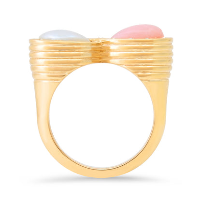 14K Yellow Gold Infinity Ring Featuring Pink Opal, Mother Of Pearl, And Diamond By Sig Ward Jewelry.