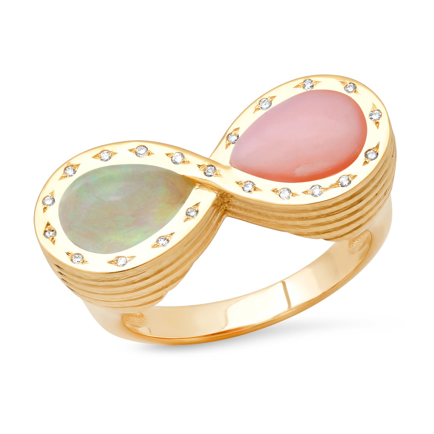 14K Yellow Gold Infinity Ring Featuring Pink Opal, Opal, And Diamond By Sig Ward Jewelry.