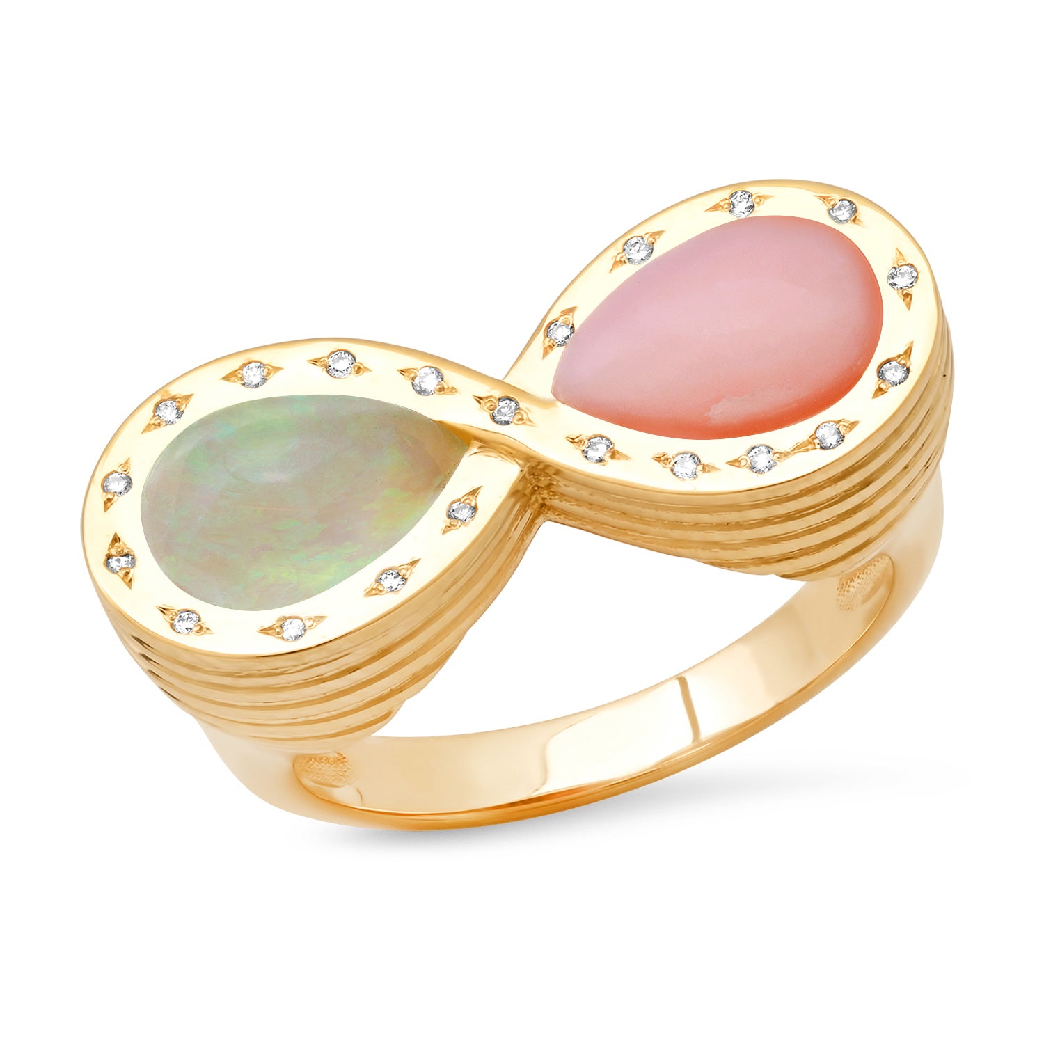 14K Yellow Gold Infinity Ring Featuring Pink Opal, Opal, And Diamond By Sig Ward Jewelry.