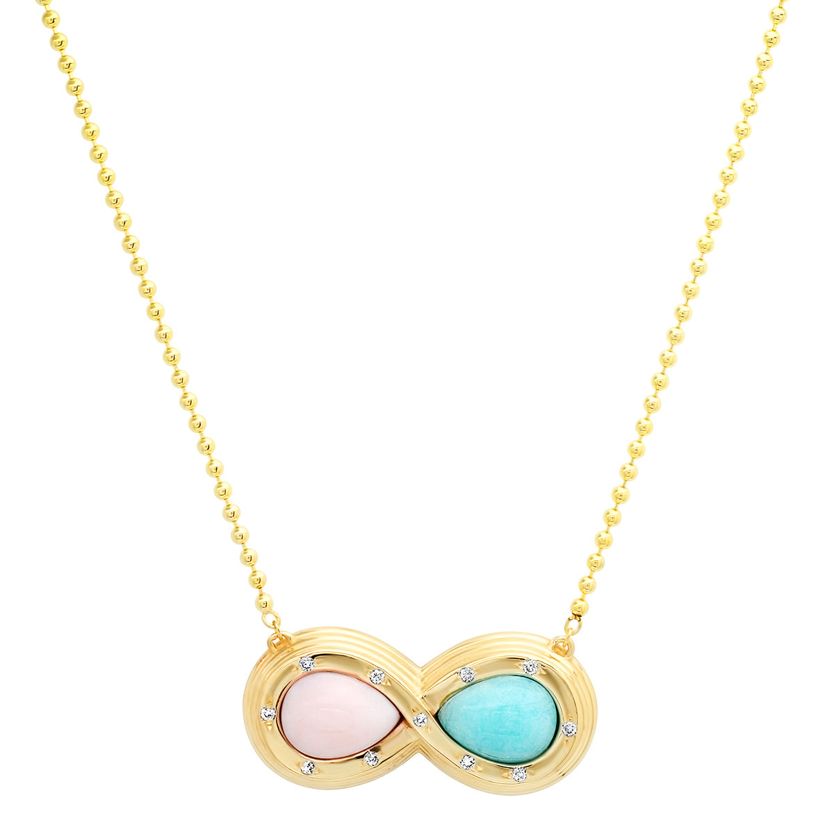 Sig Ward Jewelry 14K YG Pink Opal and Amazonite Diamond Infinity Necklace