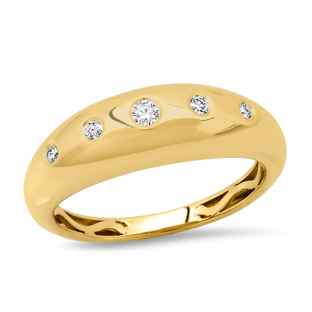 Sig Ward Jewelry 14K yellow gold gypsy ring featuring five bezel-set diamonds, a luxury fine jewelry piece with an elegant and timeless design.