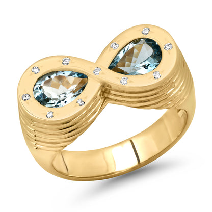 Sig Ward Jewelry 14K yellow gold infinity ring featuring aquamarine and diamond accents, a luxury gemstone ring with an elegant and timeless design.