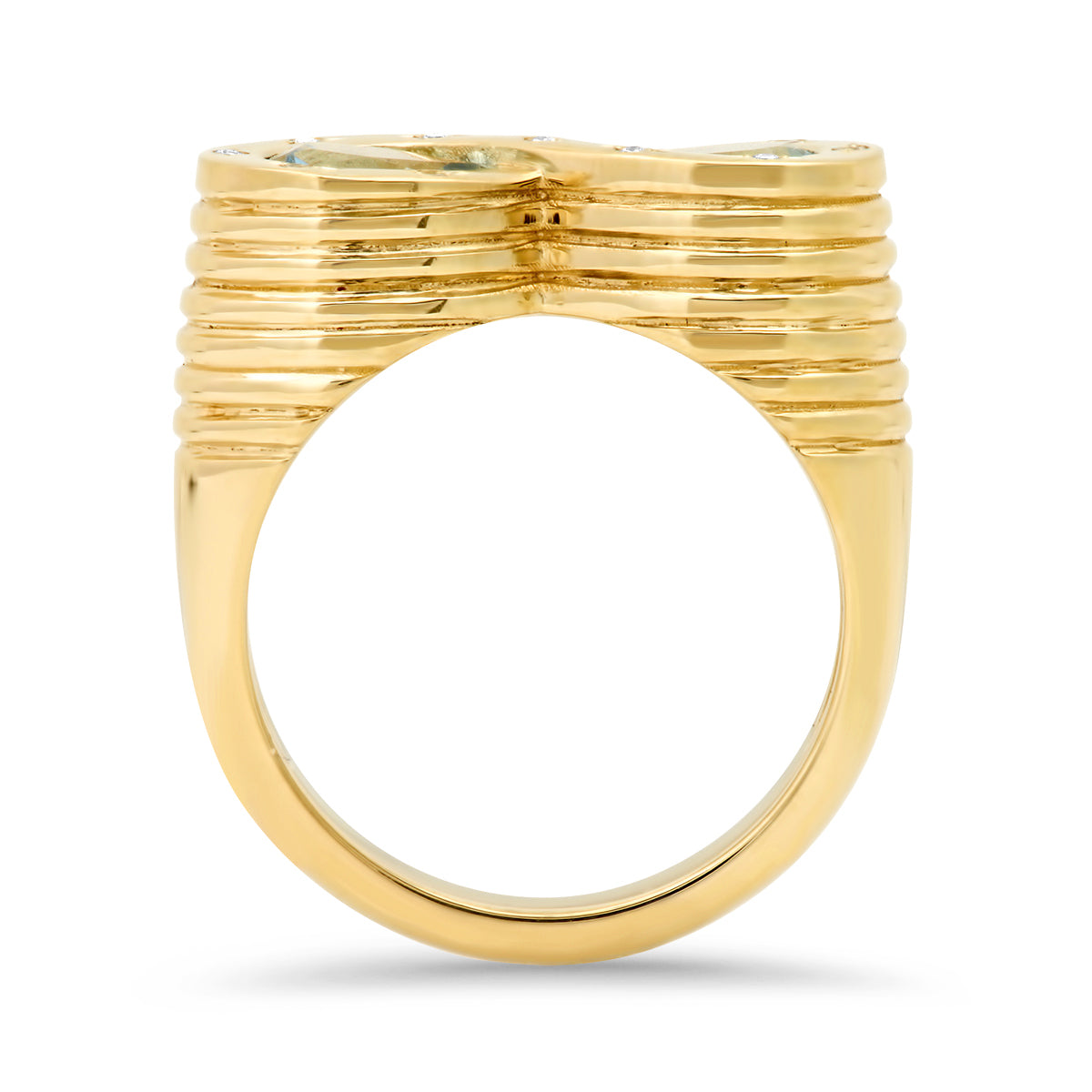 Sig Ward Jewelry 14K yellow gold infinity ring featuring aquamarine and diamond accents, a luxury gemstone ring with an elegant and timeless design.