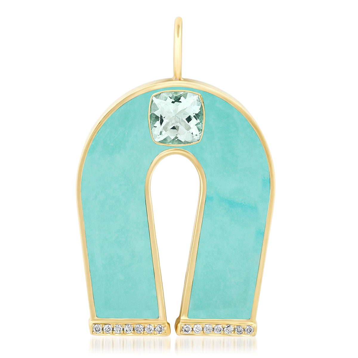 Sig Ward Jewelry 14K yellow gold horseshoe necklace featuring aquamarine and turquoise inlay, a luxury gemstone necklace with a timeless design symbolizing elegance, protection, and good fortune.