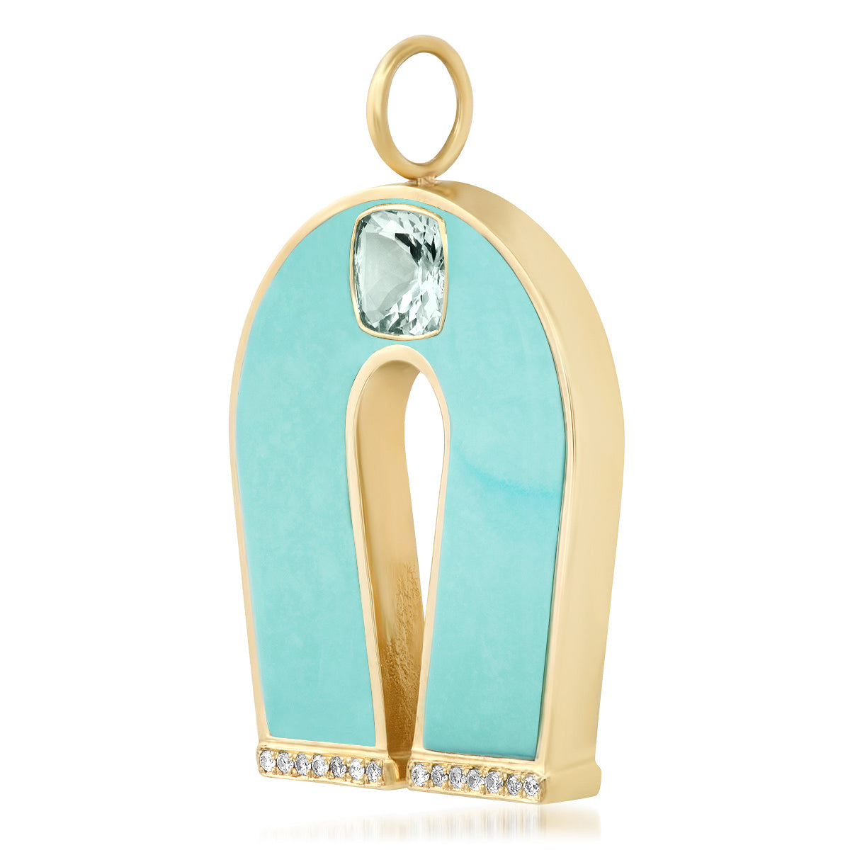 Sig Ward Jewelry 14K yellow gold horseshoe necklace featuring aquamarine and turquoise inlay details, a luxury gemstone jewelry piece with an elegant and meaningful design.