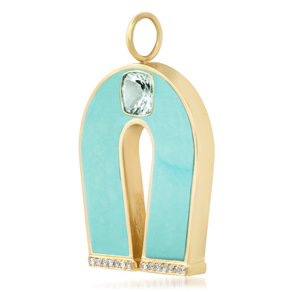 Sig Ward Jewelry 14K yellow gold horseshoe necklace featuring aquamarine and turquoise inlay details, a luxury gemstone jewelry piece with an elegant and meaningful design.