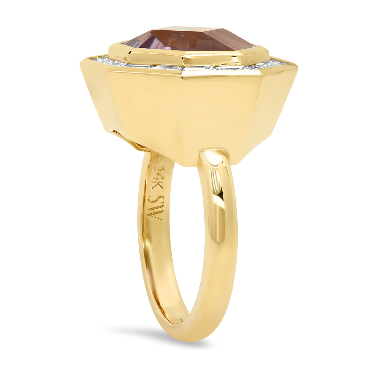 Sig Ward Jewelry 14K yellow gold Bia ring featuring Rose de France amethyst, diamond baguette accents, and an elegant luxury gemstone design. A timeless fine jewelry piece with sophisticated detailing and radiant beauty.