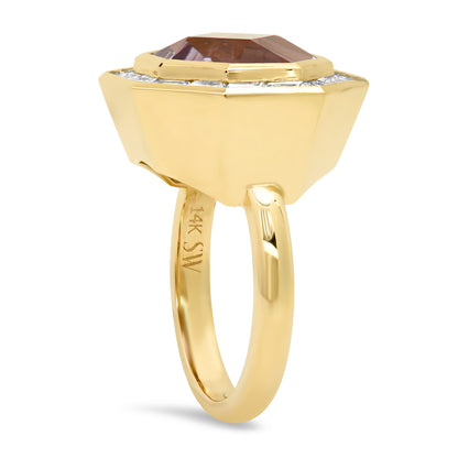 Sig Ward Jewelry 14K yellow gold Bia ring featuring Rose de France amethyst, diamond baguette accents, and an elegant luxury gemstone design. A timeless fine jewelry piece with sophisticated detailing and radiant beauty.