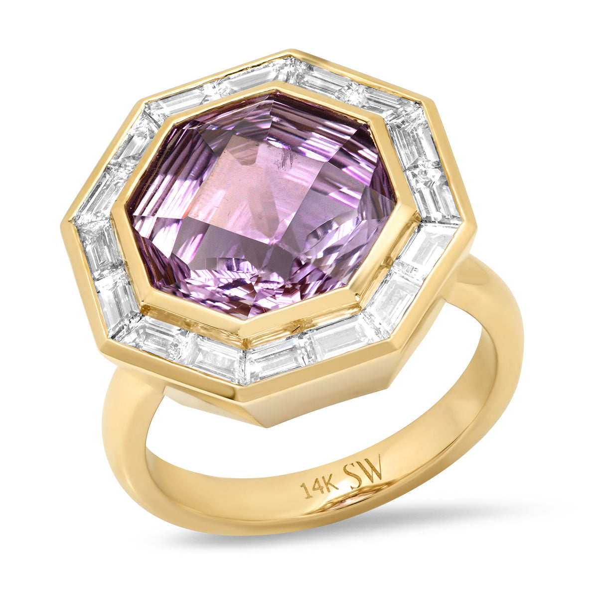 Sig Ward Jewelry 14K yellow gold Bia ring featuring Rose de France amethyst, diamond baguette accents, and an elegant luxury gemstone design. A timeless fine jewelry piece with sophisticated detailing and radiant beauty.
