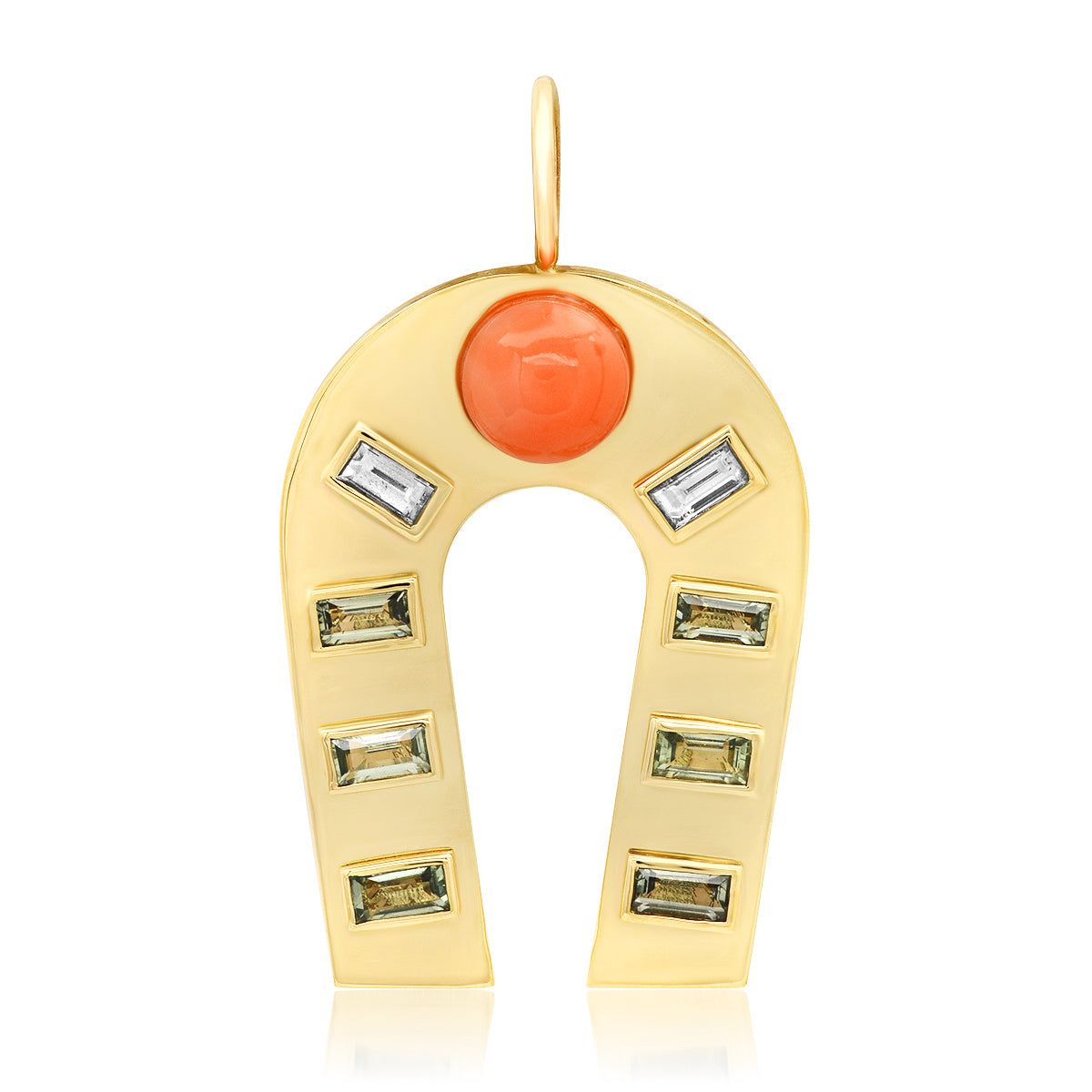 Sig Ward Jewelry 14K yellow gold horseshoe charm featuring coral, green sapphire, and diamond accents, a luxury gemstone jewelry piece with an elegant design symbolizing luck, protection, and timeless beauty.