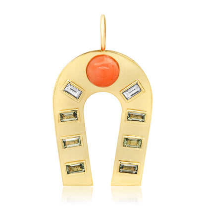 Sig Ward Jewelry 14K yellow gold horseshoe charm featuring coral, green sapphire, and diamond accents, a luxury gemstone jewelry piece with an elegant design symbolizing luck, protection, and timeless beauty.