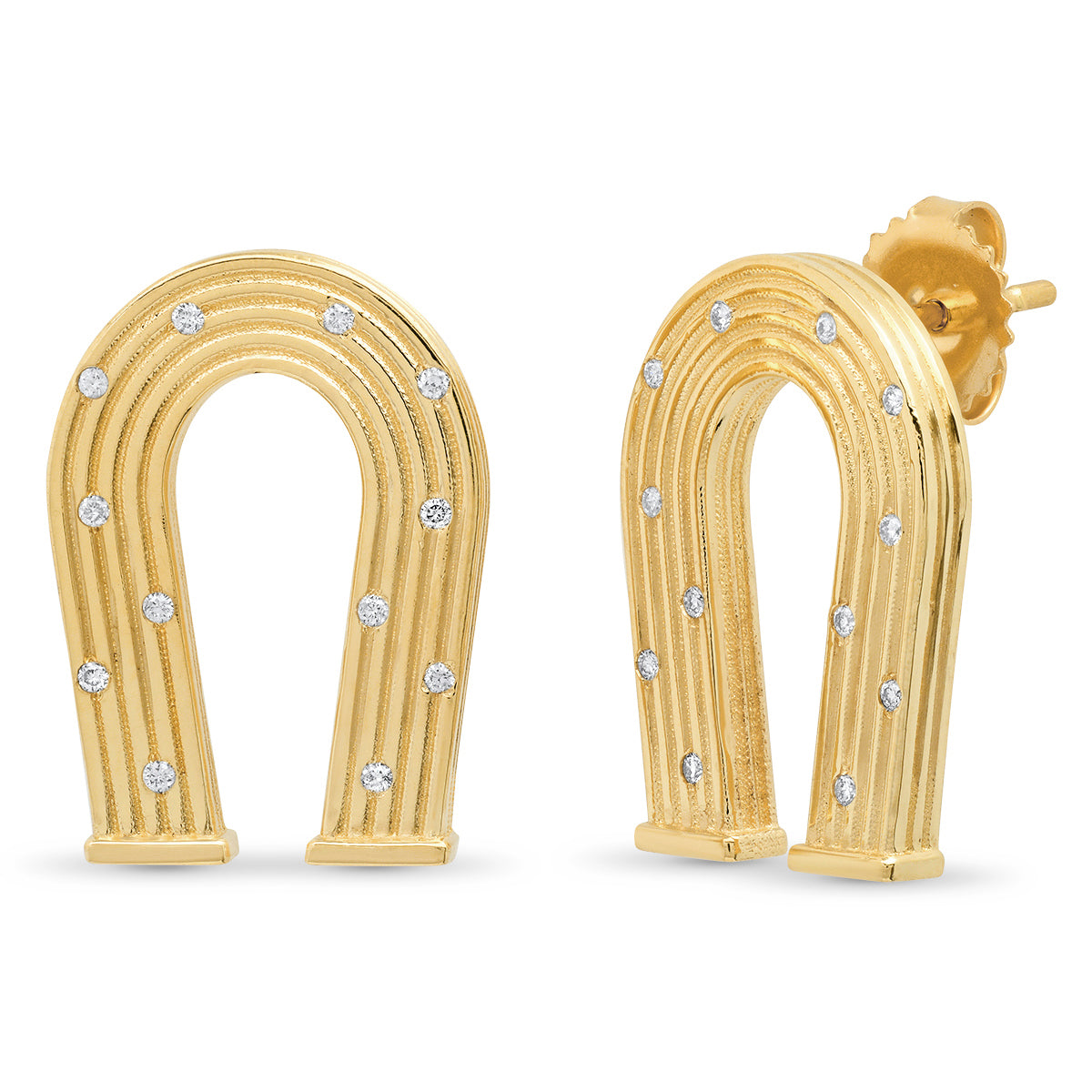 Sig Ward Jewelry 14K yellow gold horseshoe earrings featuring diamond accents and reeded gold detailing, a luxury fine jewelry piece with an elegant design symbolizing luck, protection, and timeless beauty.