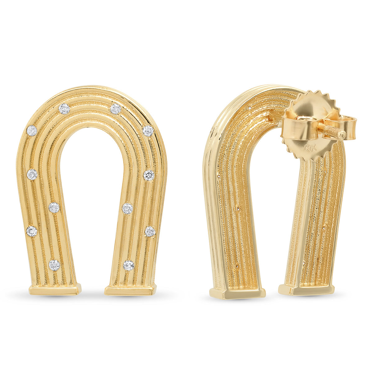 Sig Ward Jewelry 14K yellow gold horseshoe earrings featuring diamond accents and reeded gold detailing, a luxury fine jewelry piece with an elegant design symbolizing luck, protection, and timeless beauty.