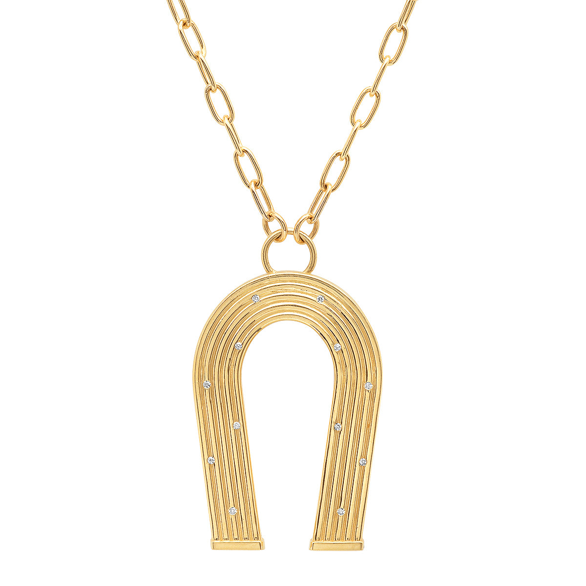 Sig Ward Jewelry 14K yellow gold horseshoe necklace featuring diamond accents and reeded gold detailing, a luxury fine jewelry piece with an elegant design symbolizing luck, protection, and timeless beauty.