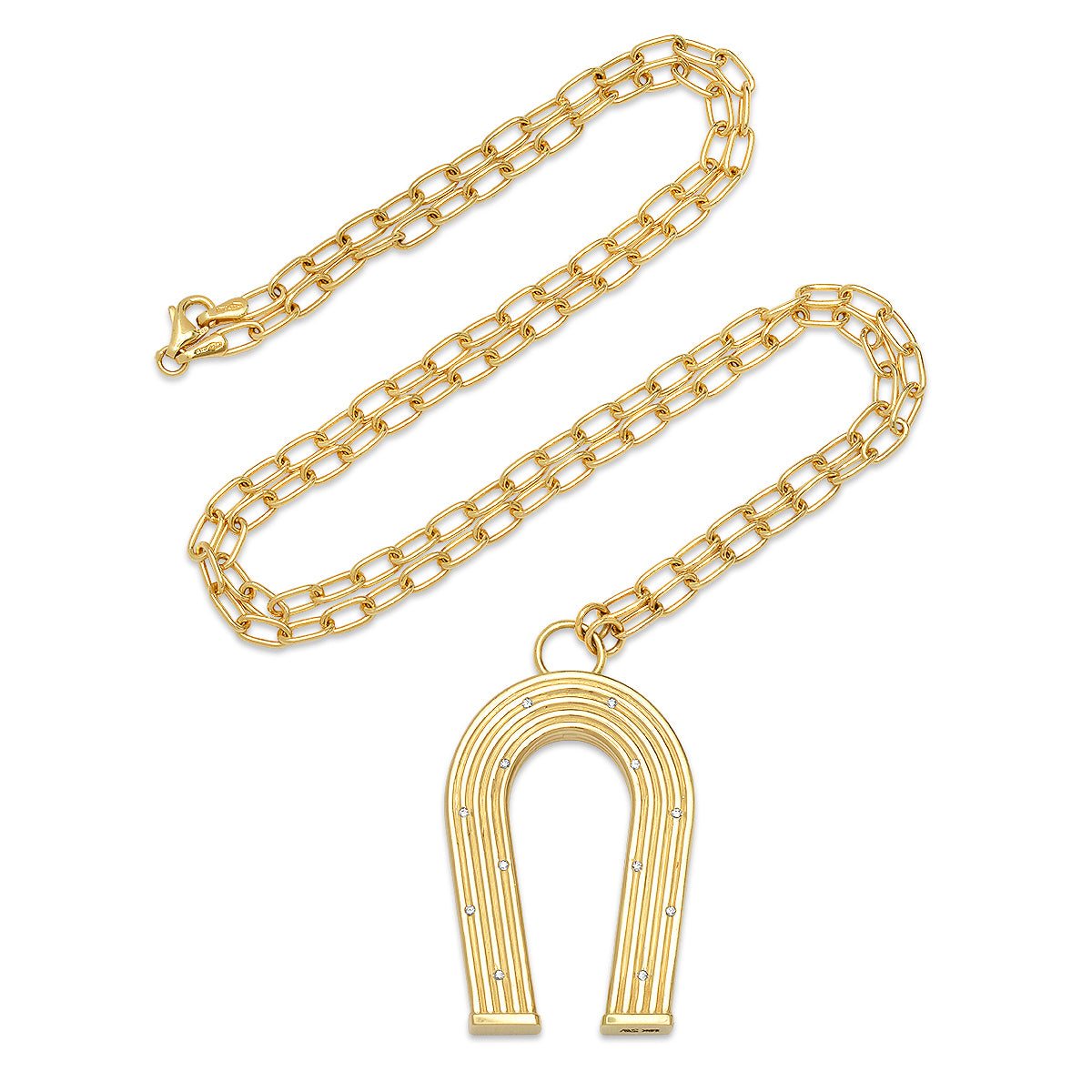 Sig Ward Jewelry 14K yellow gold horseshoe necklace featuring diamond accents and reeded gold detailing, a luxury fine jewelry piece with an elegant design symbolizing luck, protection, and timeless beauty.