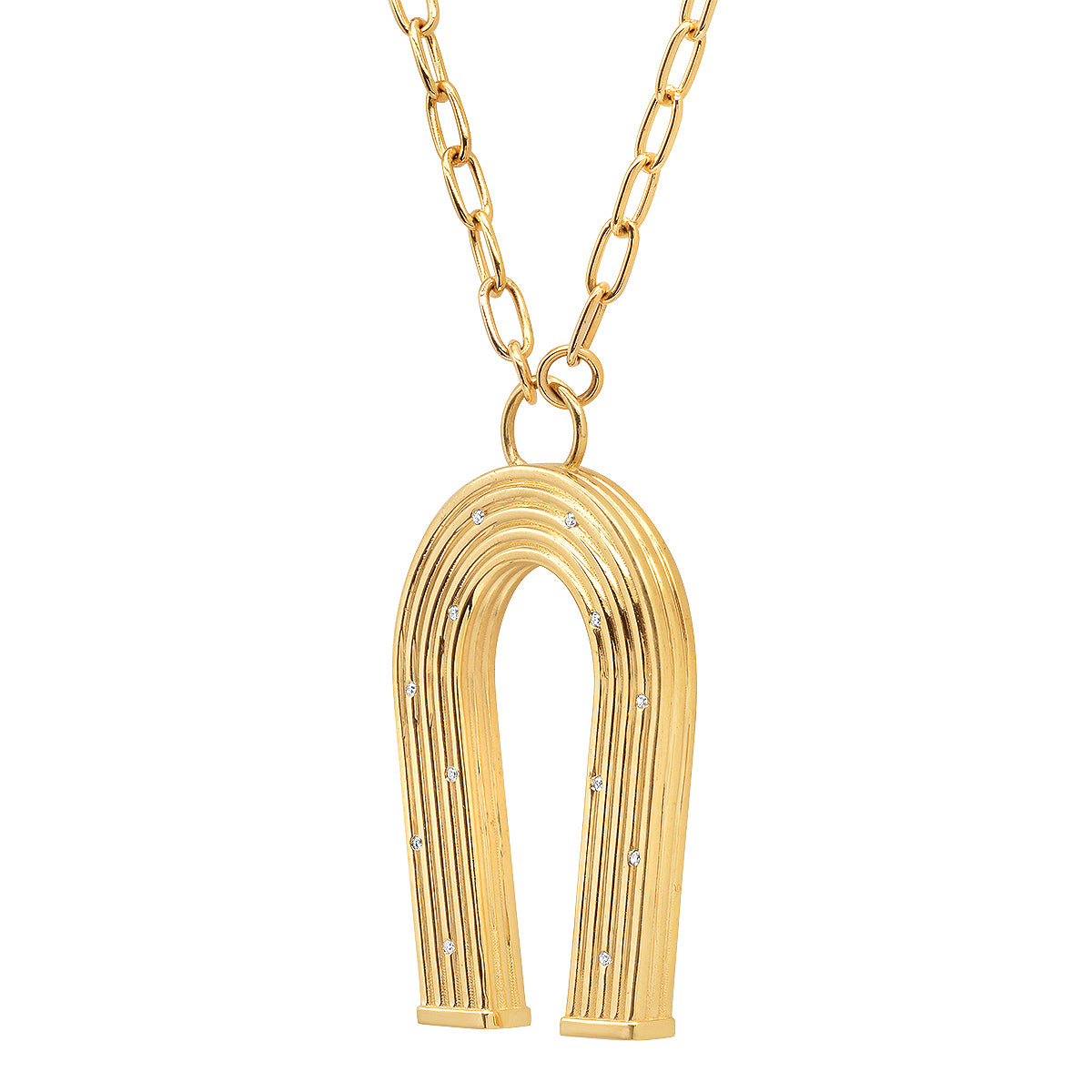Sig Ward Jewelry 14K yellow gold horseshoe necklace featuring diamond accents and reeded gold detailing, a luxury fine jewelry piece with an elegant design symbolizing luck, protection, and timeless beauty.