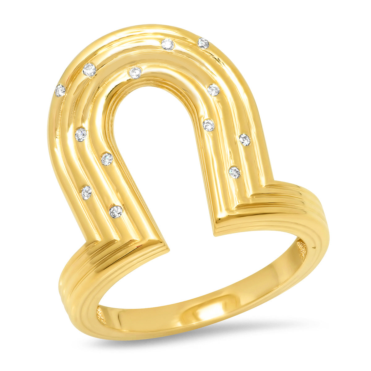 Sig Ward Jewelry 14K yellow gold horseshoe ring featuring diamond accents and reeded gold detailing, a luxury fine jewelry piece with an elegant design symbolizing luck, protection, and timeless beauty.