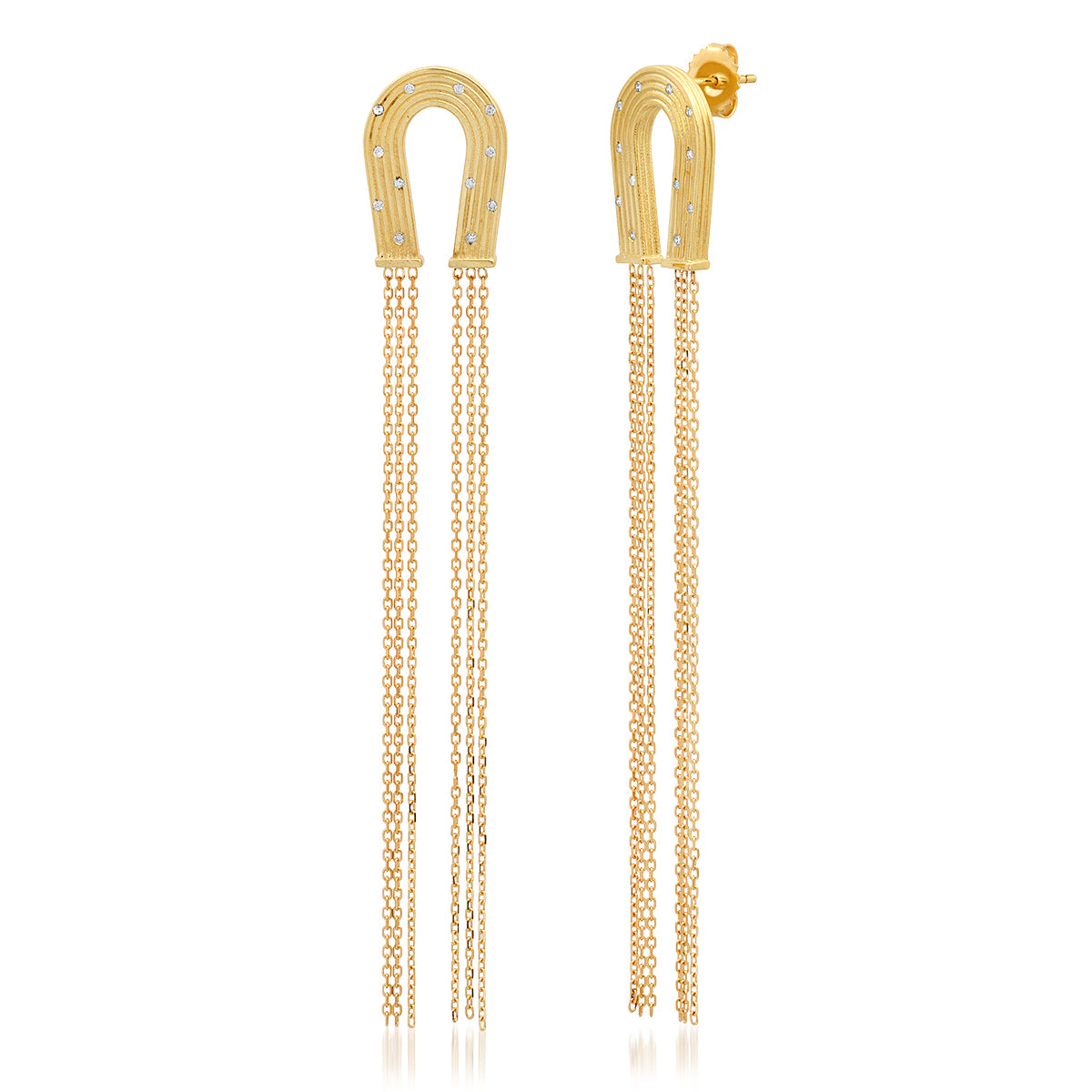 Sig Ward Jewelry 14K yellow gold horseshoe earrings featuring diamond accents and tassel detailing, a luxury fine jewelry piece with an elegant design symbolizing luck, protection, and timeless beauty.