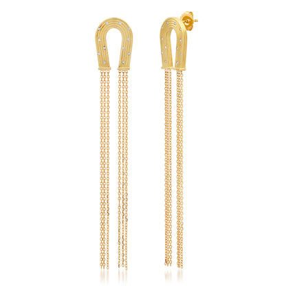 Sig Ward Jewelry 14K yellow gold horseshoe earrings featuring diamond accents and tassel detailing, a luxury fine jewelry piece with an elegant design symbolizing luck, protection, and timeless beauty.