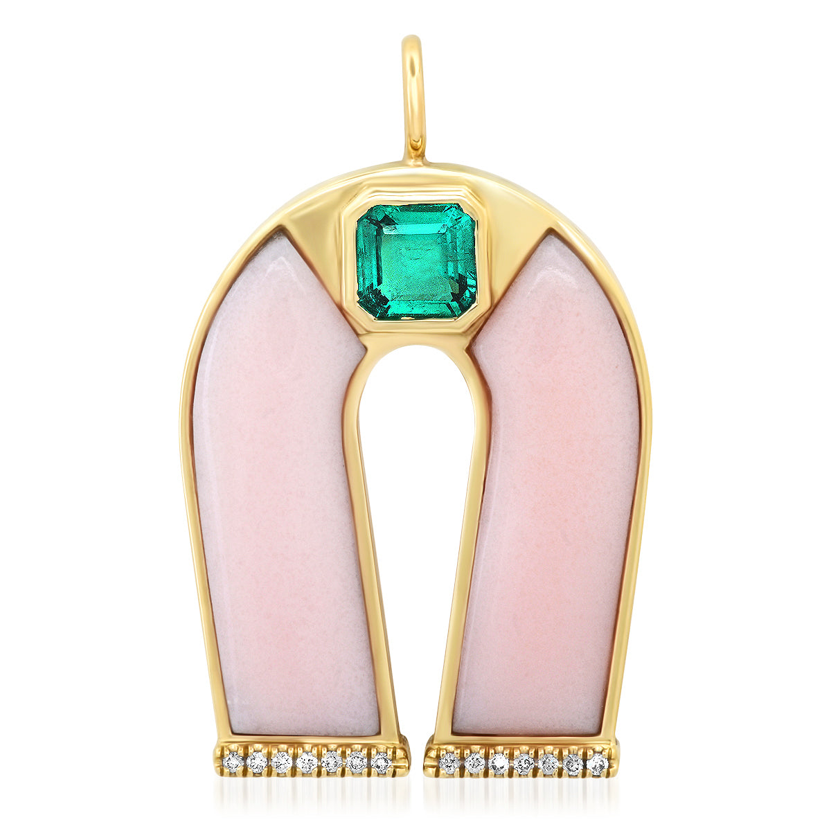 Sig Ward Jewelry 14K Yellow Gold Emerald and Pink Opal Horseshoe Necklace  pendant
