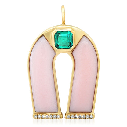 Sig Ward Jewelry 14K Yellow Gold Emerald and Pink Opal Horseshoe Necklace  pendant
