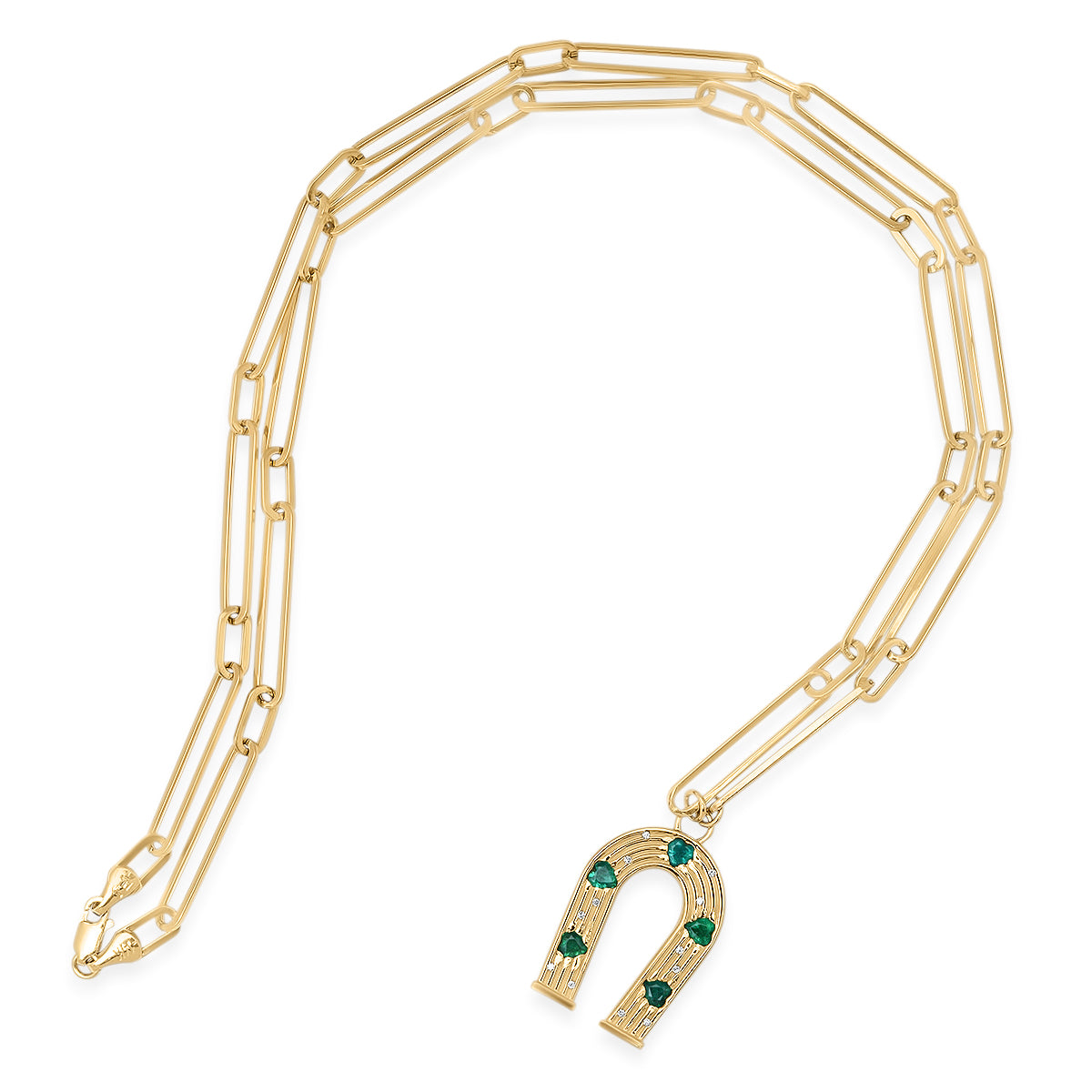 Sig Ward Jewelry 14K yellow gold emerald and diamond horseshoe necklace featuring a luxury fine jewelry design