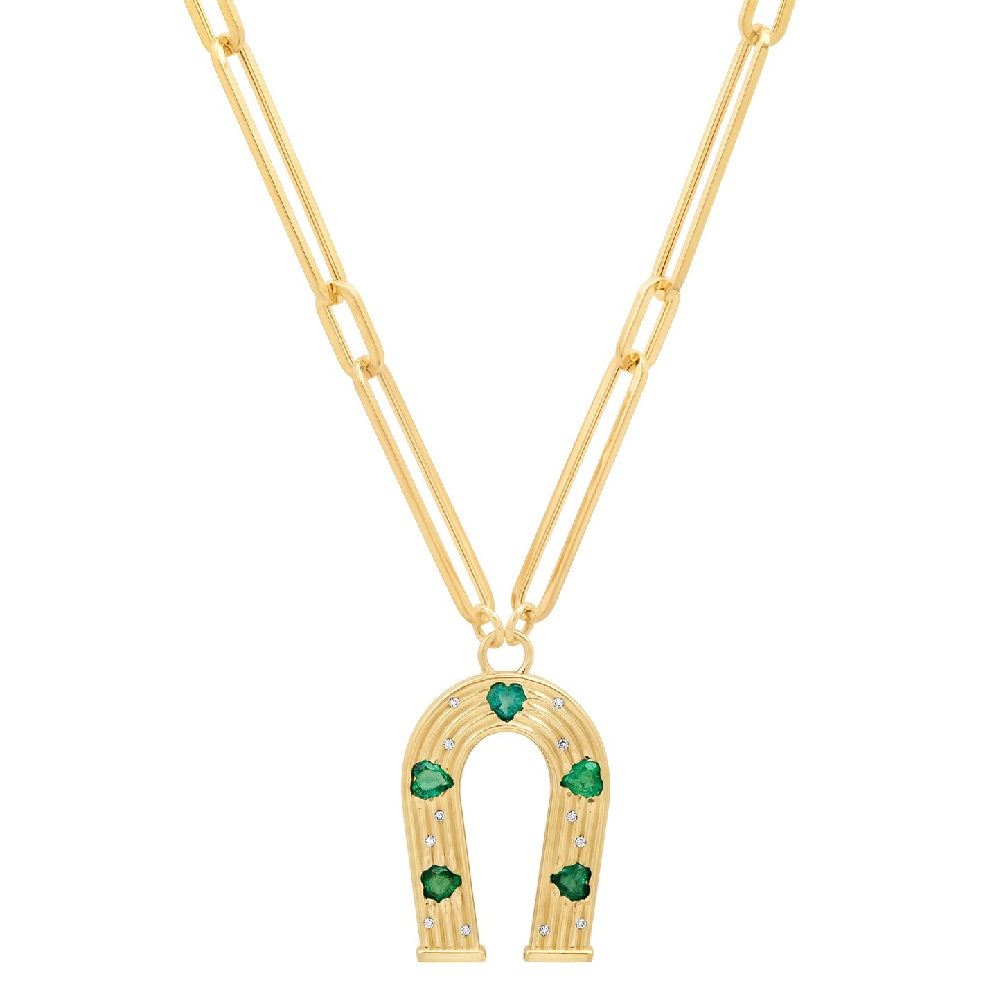 Sig Ward Jewelry 14K yellow gold horseshoe necklace featuring emerald and diamond accents, a luxury gemstone jewelry piece with an elegant design symbolizing luck, protection, and timeless beauty.
