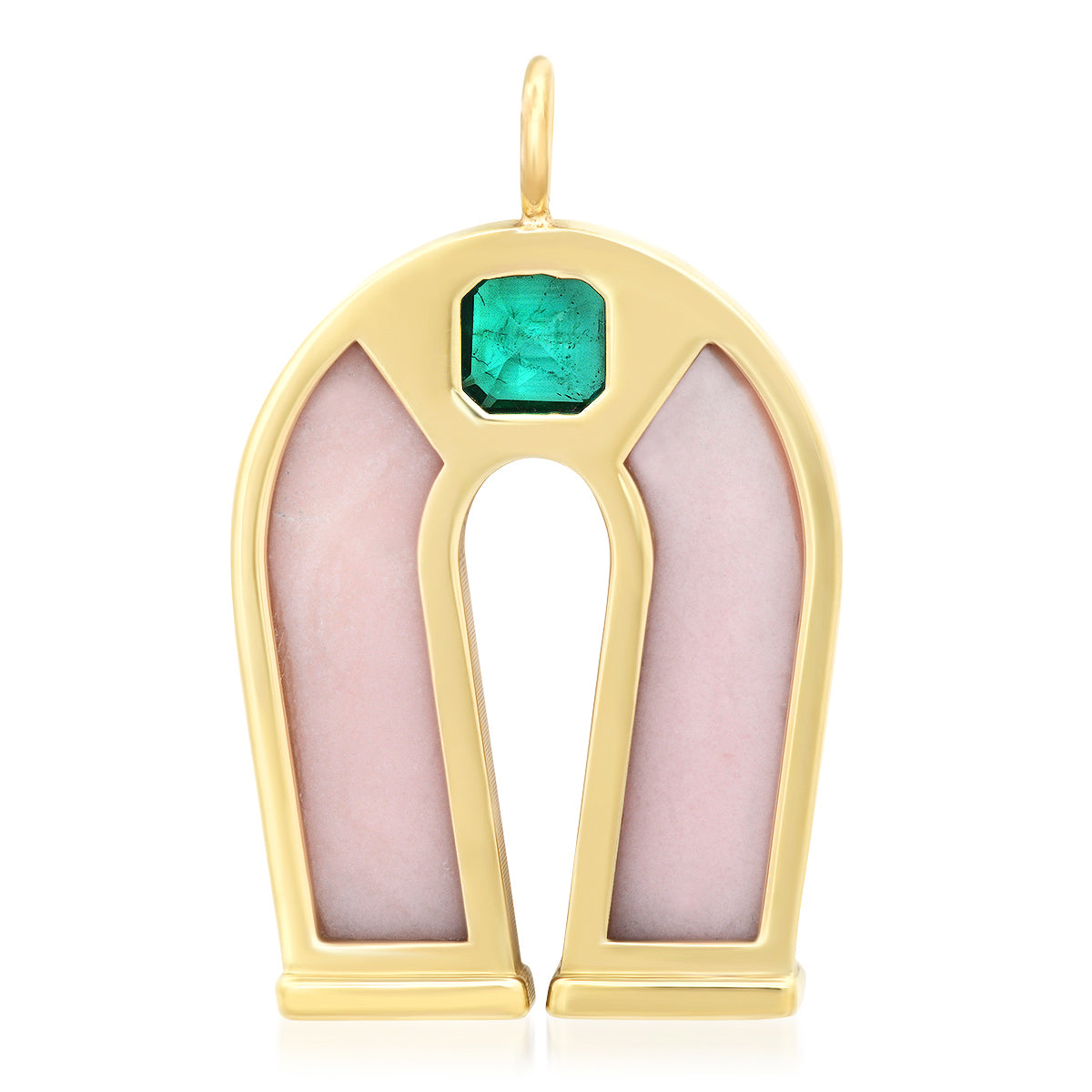 Sig Ward Jewelry 14K Yellow Gold Emerald and Pink Opal Horseshoe Necklace pendant